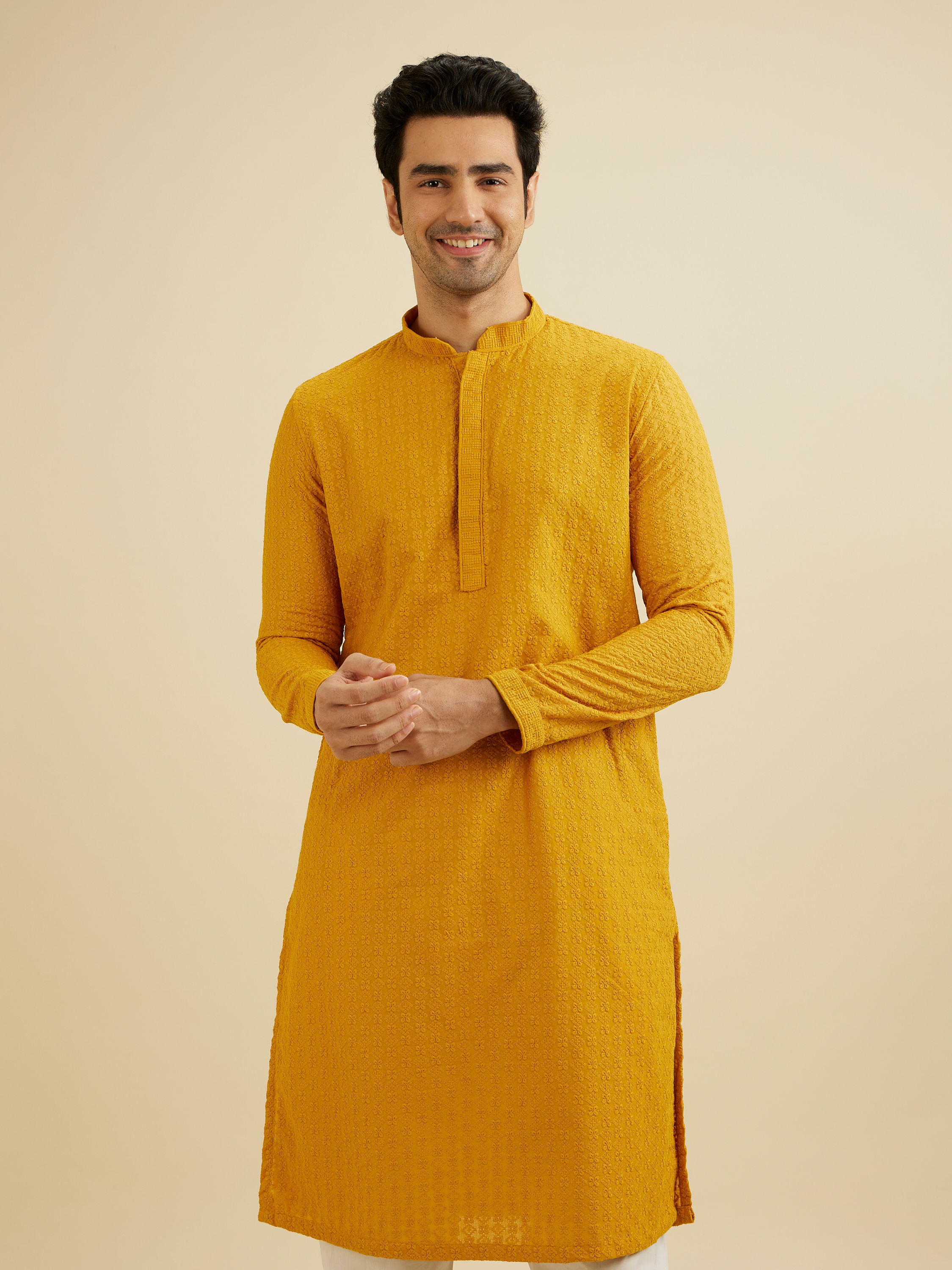 Manyavar Men Mustard Yellow Chikankari Embroidered Kurta Set