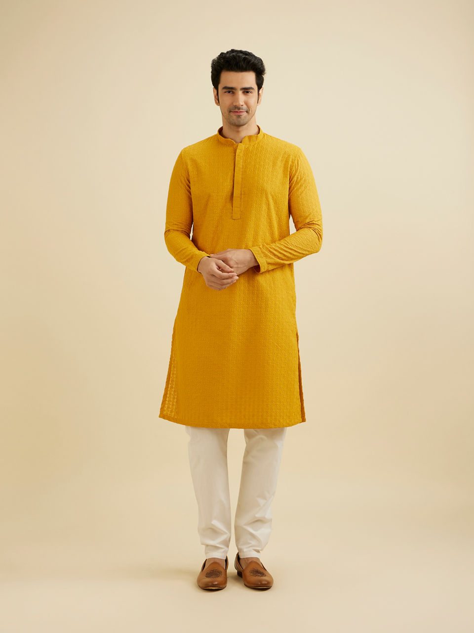 Manyavar Men Mustard Yellow Chikankari Embroidered Kurta Set