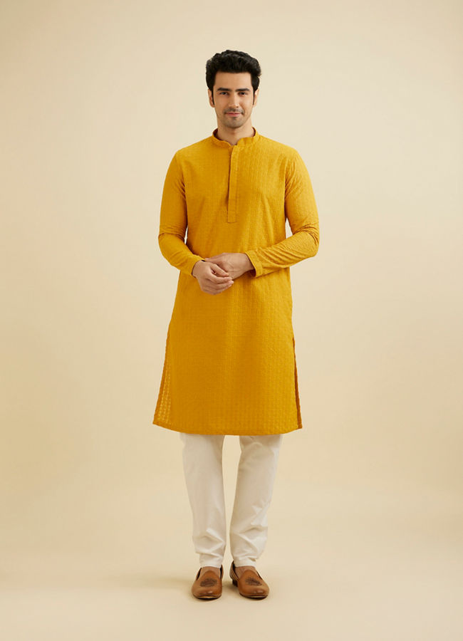 Manyavar Men Mustard Yellow Chikankari Embroidered Kurta Set