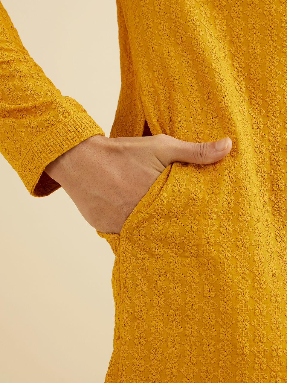 Manyavar Men Mustard Yellow Chikankari Embroidered Kurta Set