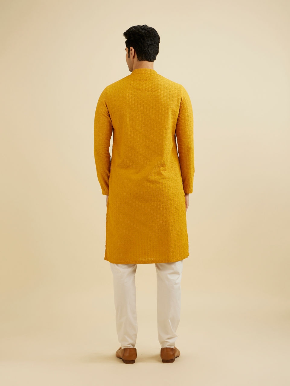 Manyavar Men Mustard Yellow Chikankari Embroidered Kurta Set