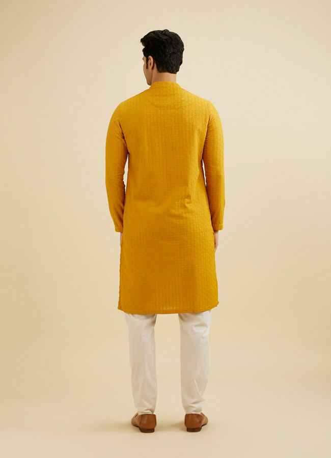 Manyavar Men Mustard Yellow Chikankari Embroidered Kurta Set