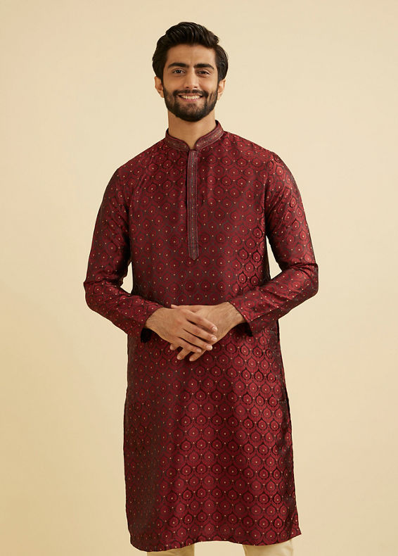 Manyavar Men Maroon Red Jaal Medallion Patterned Kurta Set with Rhinestones