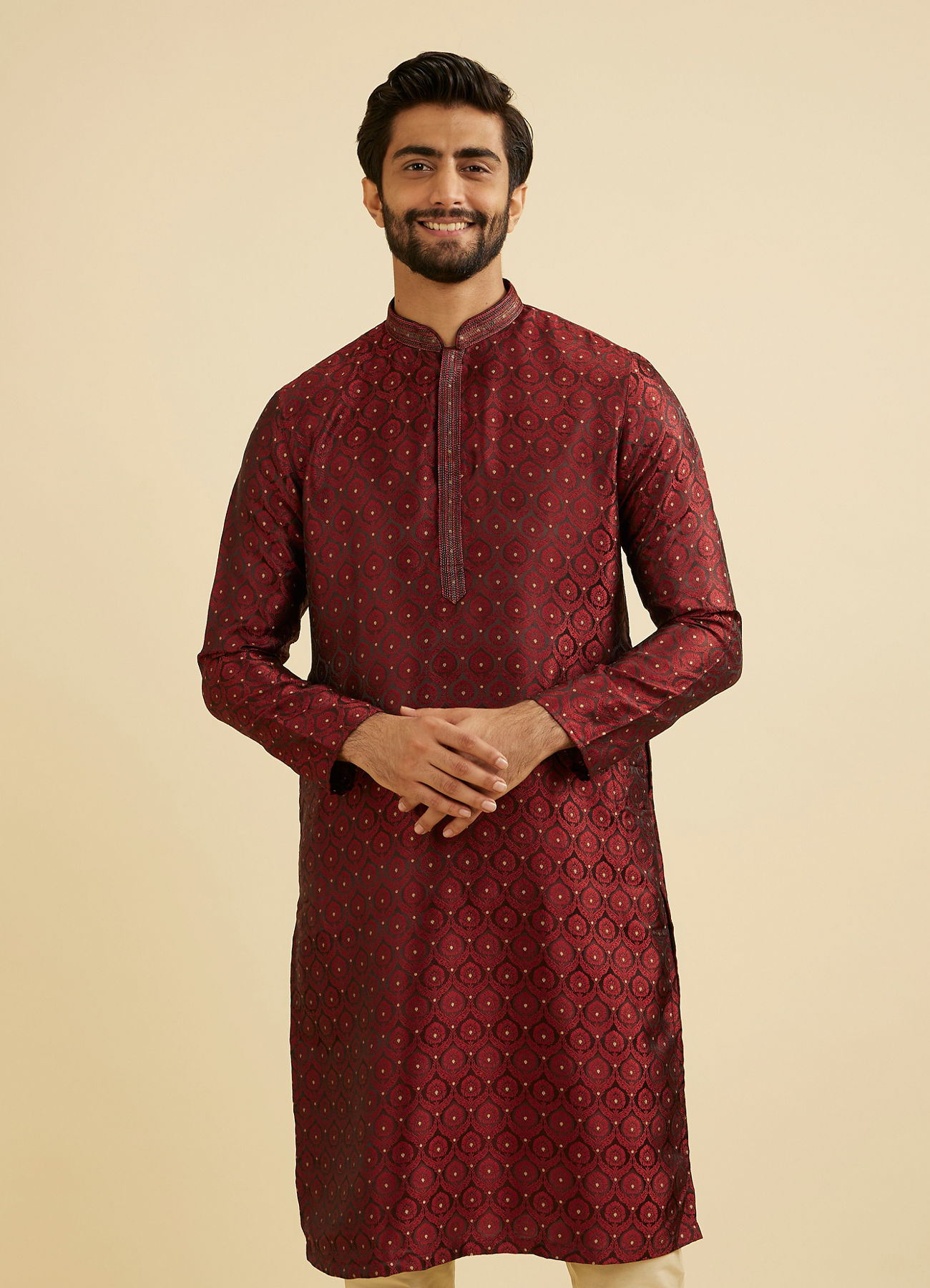 Manyavar Men Maroon Red Jaal Medallion Patterned Kurta Set with Rhinestones