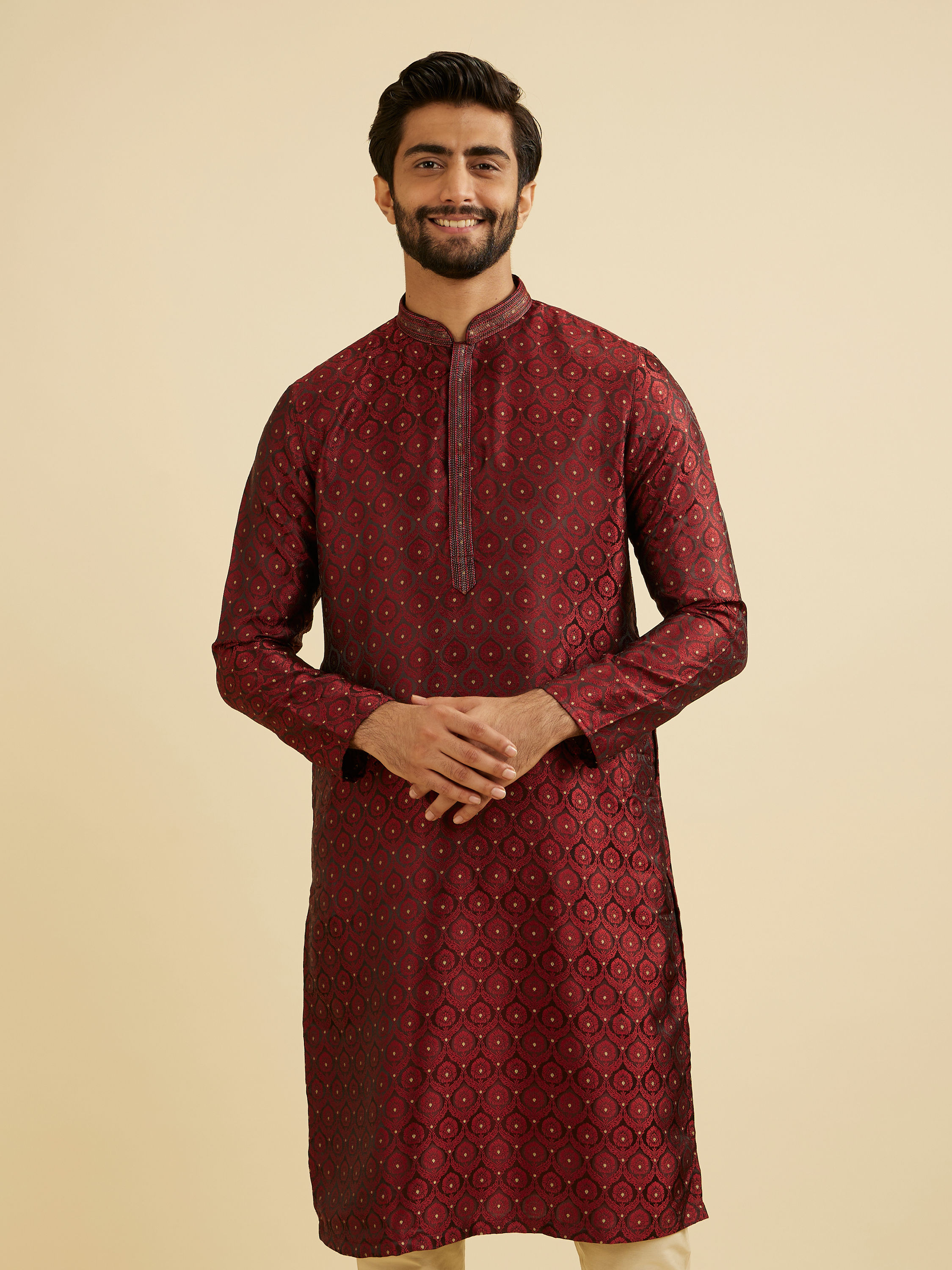 Manyavar Men Maroon Red Jaal Medallion Patterned Kurta Set with Rhinestones