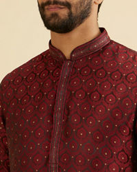 Manyavar Men Maroon Red Jaal Medallion Patterned Kurta Set with Rhinestones