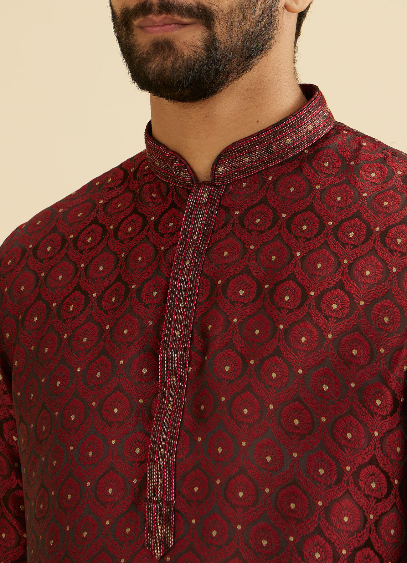 Manyavar Men Maroon Red Jaal Medallion Patterned Kurta Set with Rhinestones