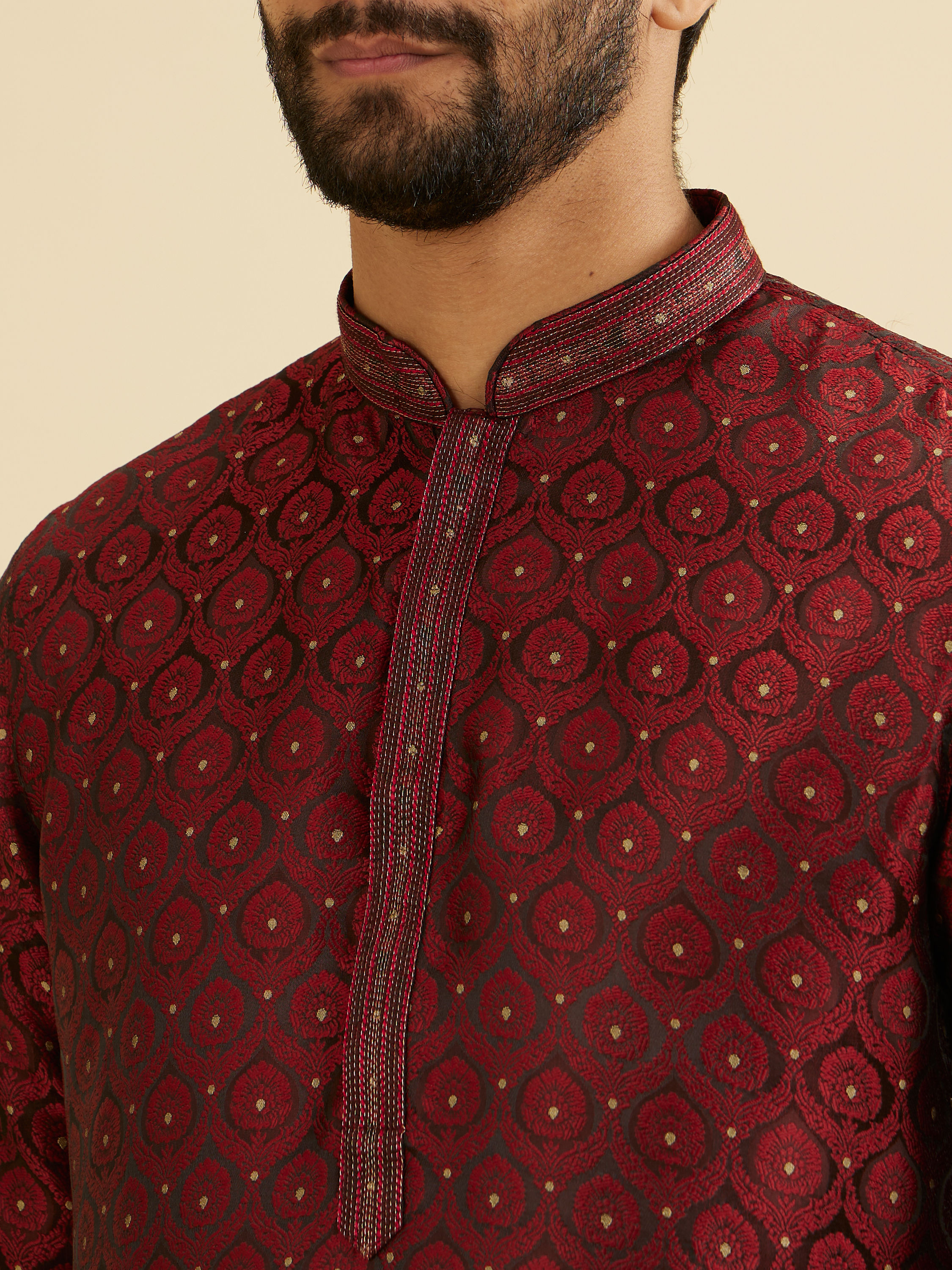 Manyavar Men Maroon Red Jaal Medallion Patterned Kurta Set with Rhinestones