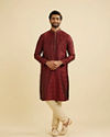 Manyavar Men Maroon Red Jaal Medallion Patterned Kurta Set with Rhinestones