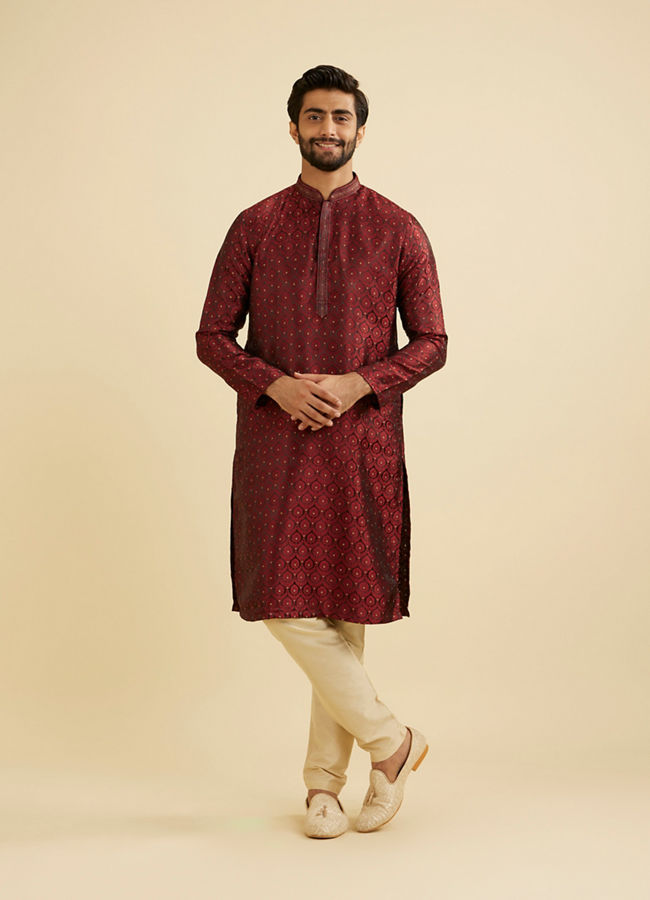 Manyavar Men Maroon Red Jaal Medallion Patterned Kurta Set with Rhinestones