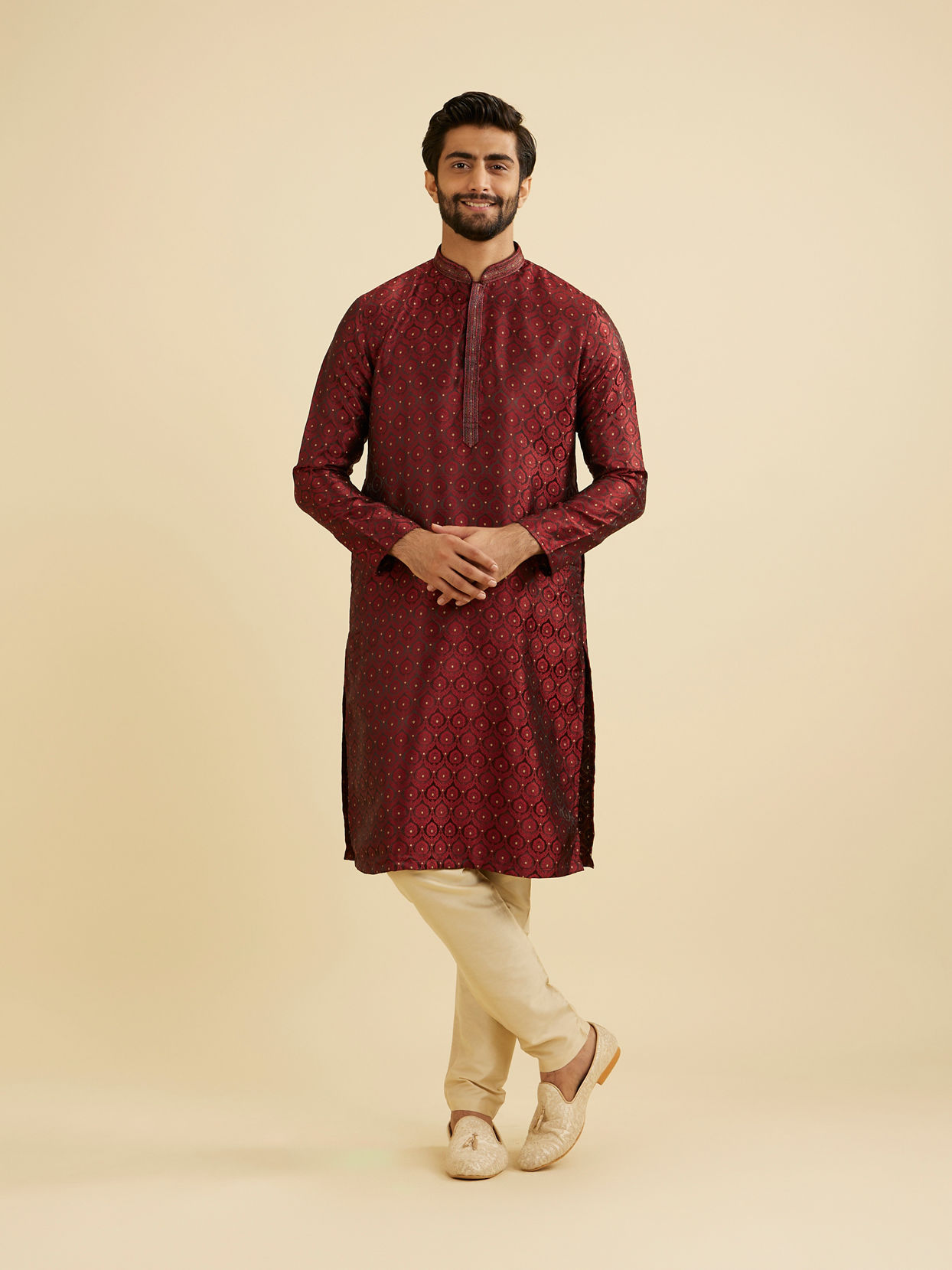 Manyavar Men Maroon Red Jaal Medallion Patterned Kurta Set with Rhinestones