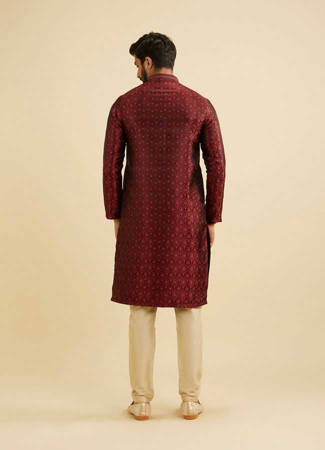 Manyavar Men Maroon Red Jaal Medallion Patterned Kurta Set with Rhinestones