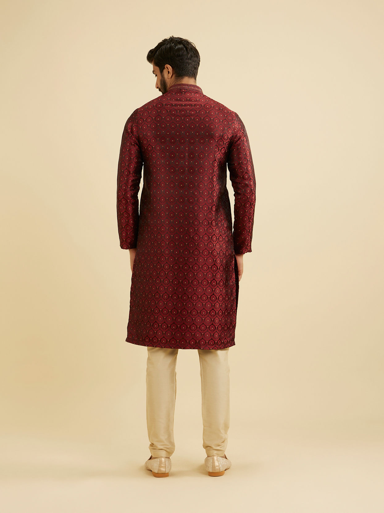 Manyavar Men Maroon Red Jaal Medallion Patterned Kurta Set with Rhinestones