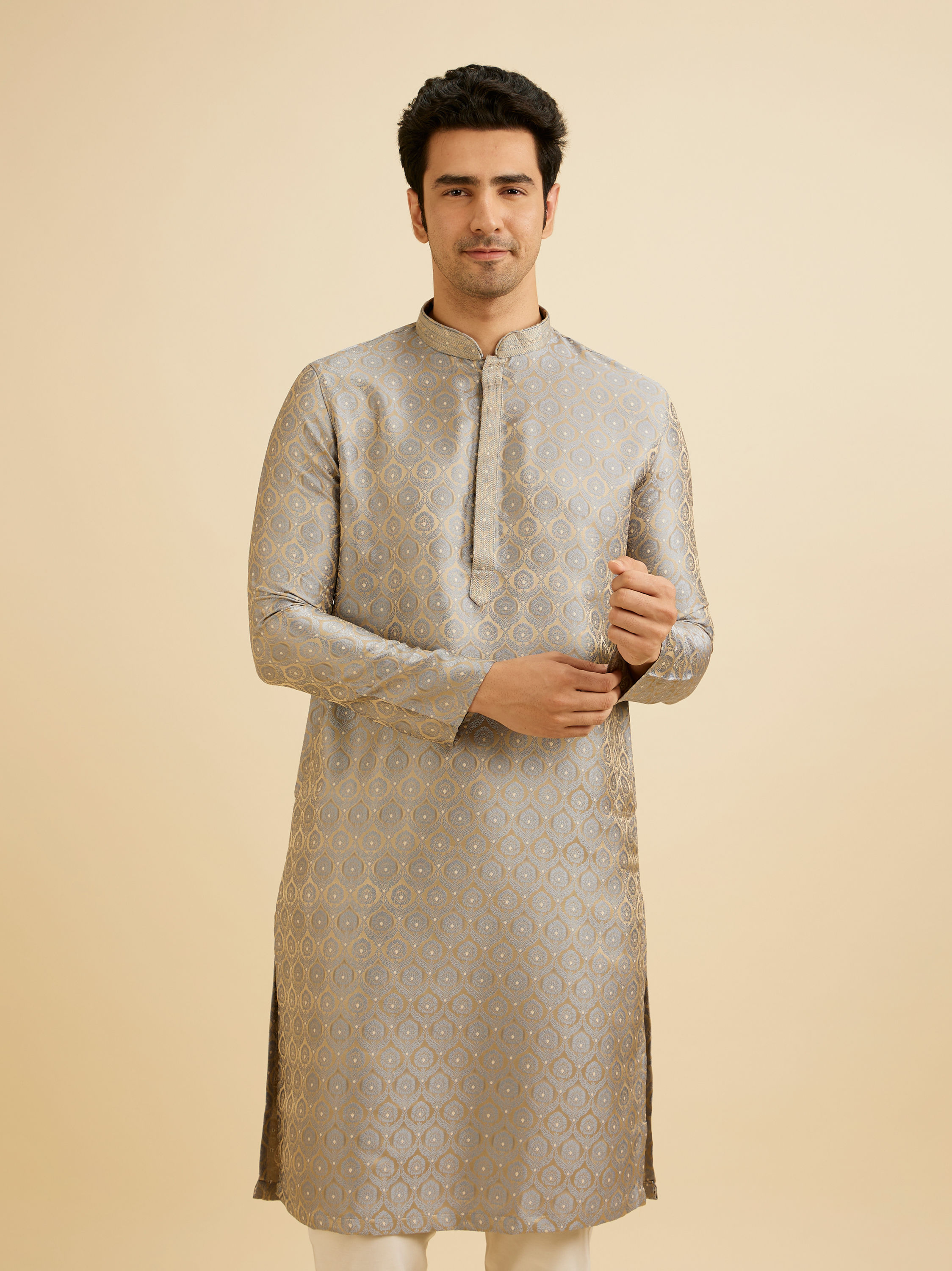 Manyavar Men Pista Green Jaal Medallion Patterned Kurta Set with Rhinestones