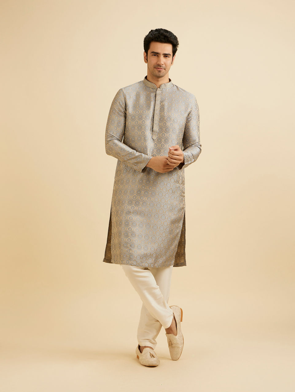 Manyavar Men Pista Green Jaal Medallion Patterned Kurta Set with Rhinestones