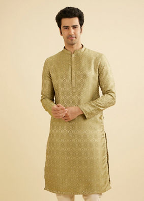 Manyavar Men Soft Green Jaal Medallion Patterned Kurta Set with Rhinestones