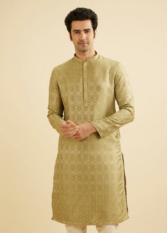 Manyavar Men Soft Green Jaal Medallion Patterned Kurta Set with Rhinestones