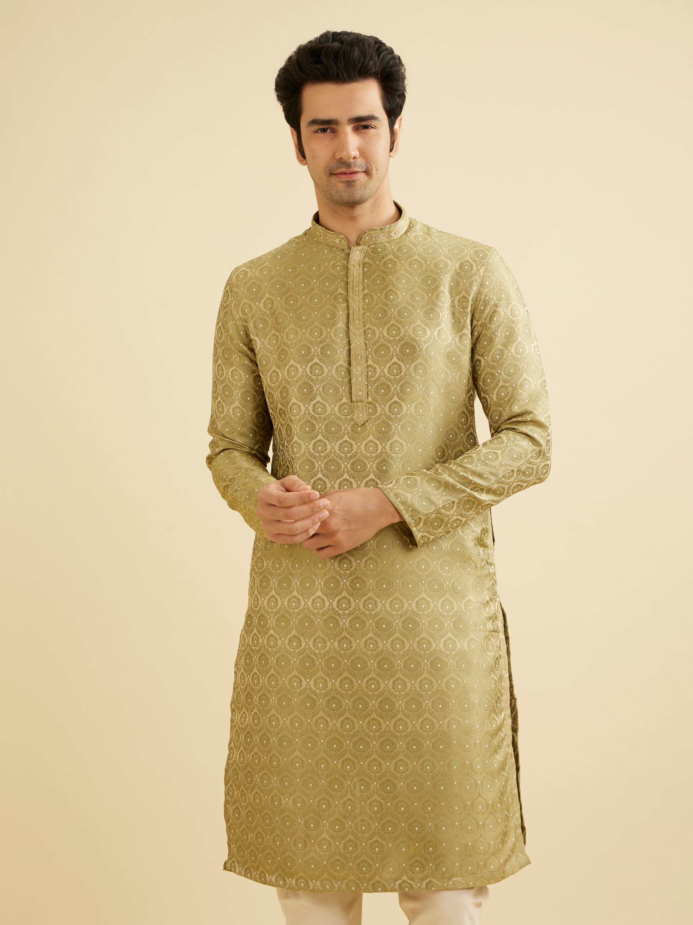 Manyavar Men Soft Green Jaal Medallion Patterned Kurta Set with Rhinestones