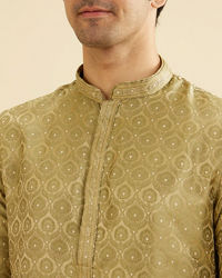 Manyavar Men Soft Green Jaal Medallion Patterned Kurta Set with Rhinestones