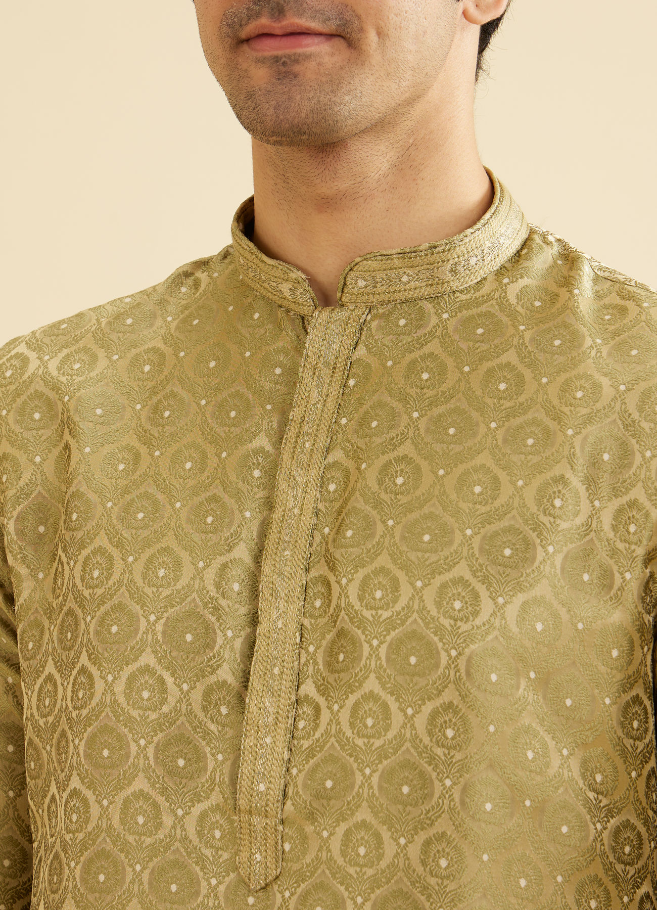 Manyavar Men Soft Green Jaal Medallion Patterned Kurta Set with Rhinestones