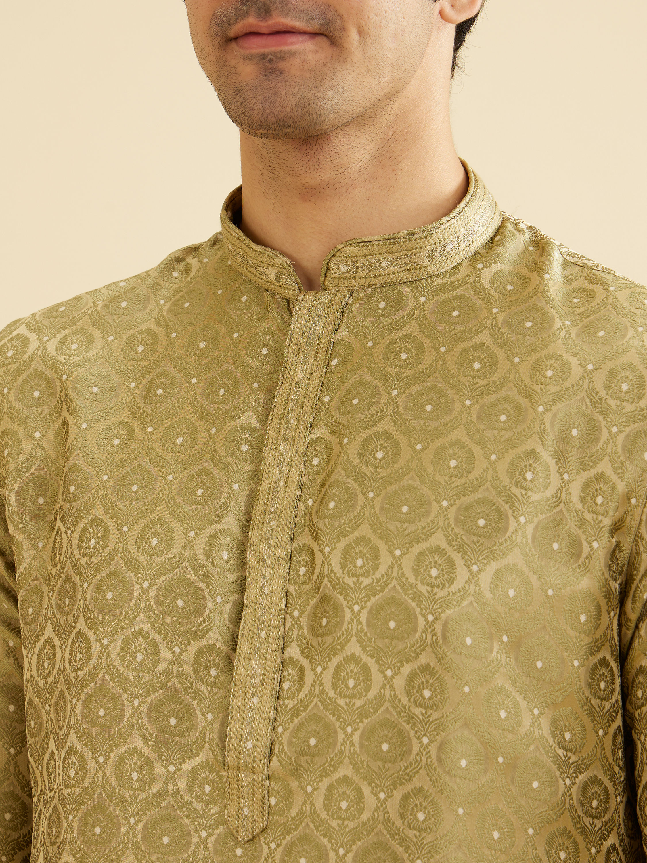 Manyavar Men Soft Green Jaal Medallion Patterned Kurta Set with Rhinestones