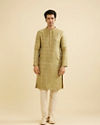 Manyavar Men Soft Green Jaal Medallion Patterned Kurta Set with Rhinestones