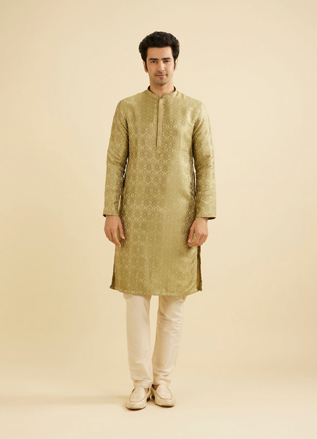 Manyavar Men Soft Green Jaal Medallion Patterned Kurta Set with Rhinestones