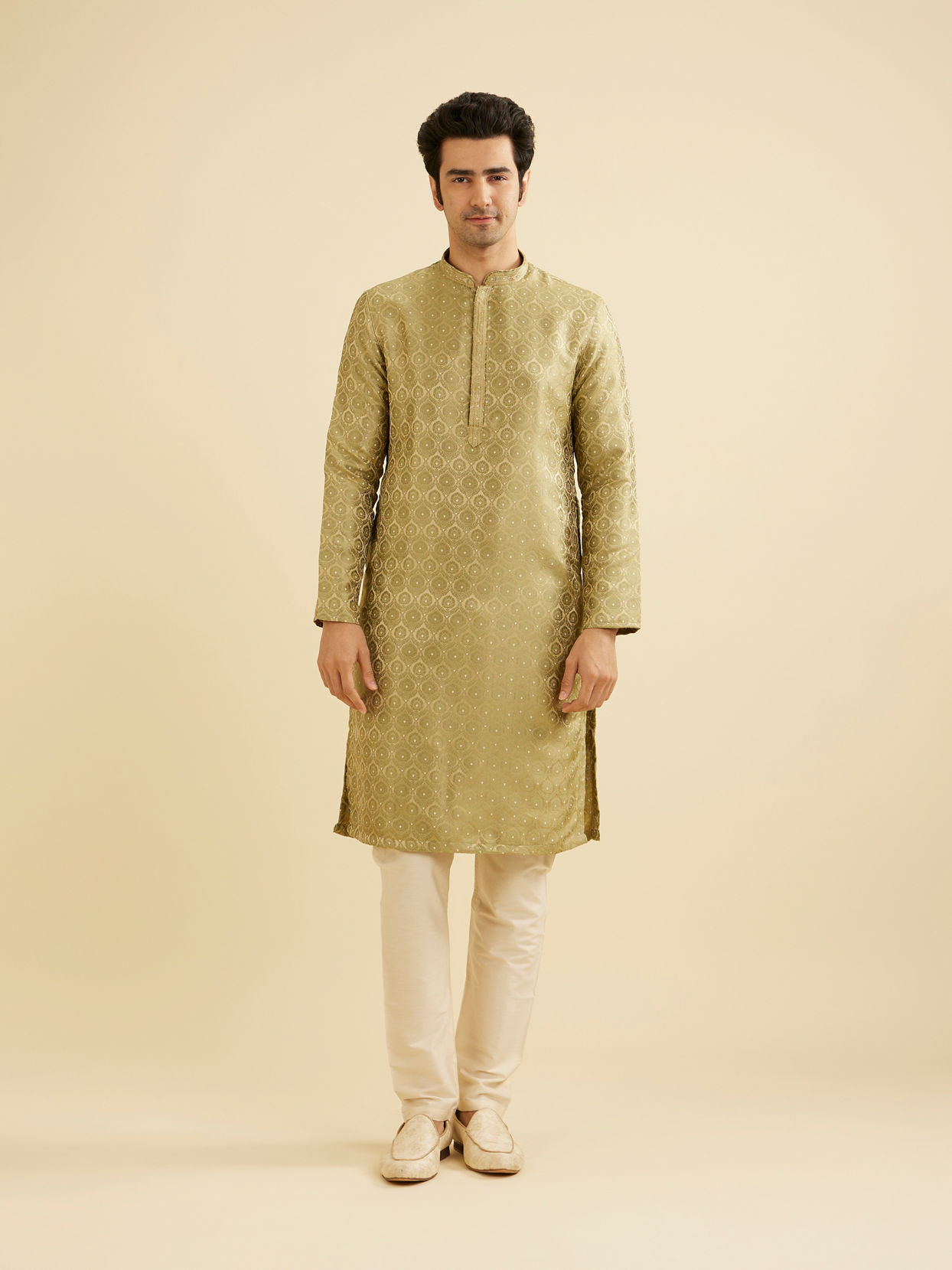 Manyavar Men Soft Green Jaal Medallion Patterned Kurta Set with Rhinestones