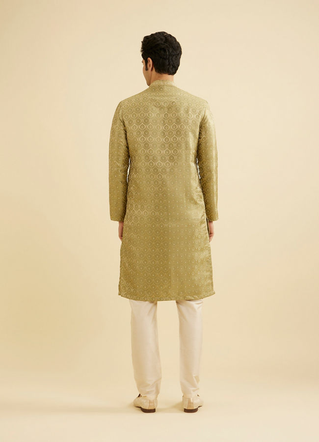 Manyavar Men Soft Green Jaal Medallion Patterned Kurta Set with Rhinestones