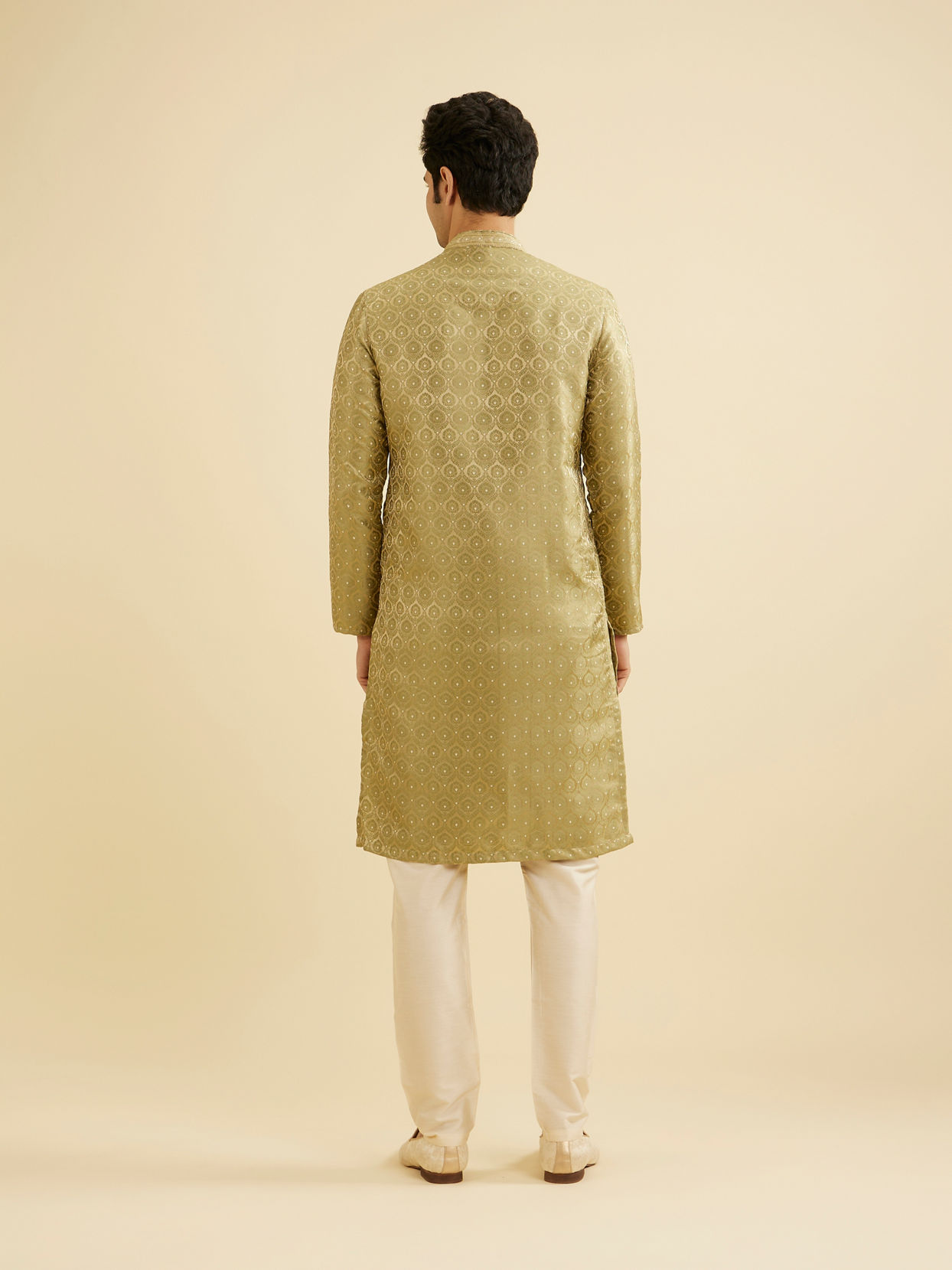 Manyavar Men Soft Green Jaal Medallion Patterned Kurta Set with Rhinestones