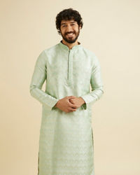 Manyavar Men Soft Green Jaal Patterned Kurta Set with Floral Buta Motifs