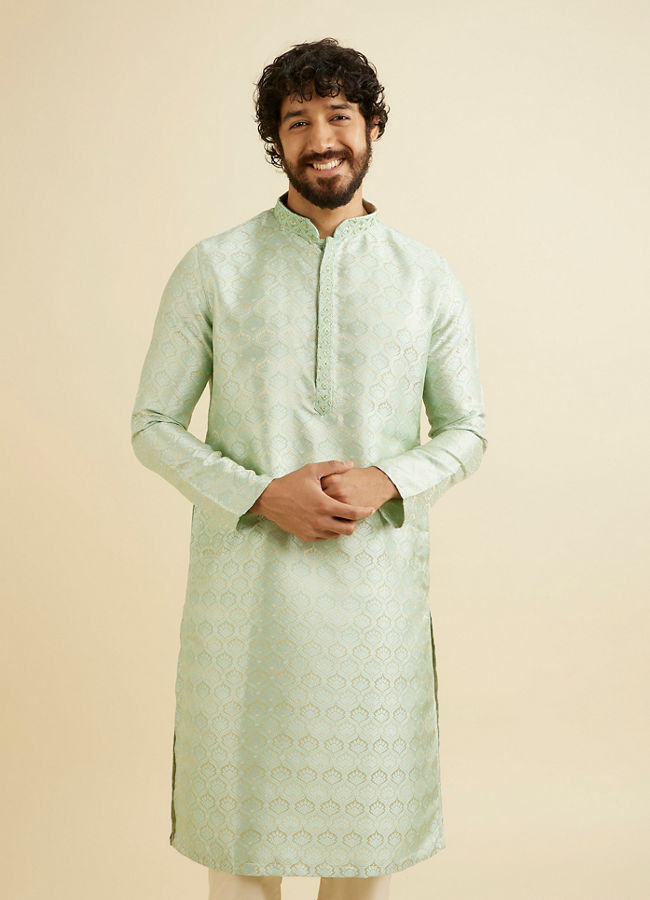 Manyavar Men Soft Green Jaal Patterned Kurta Set with Floral Buta Motifs image number 0