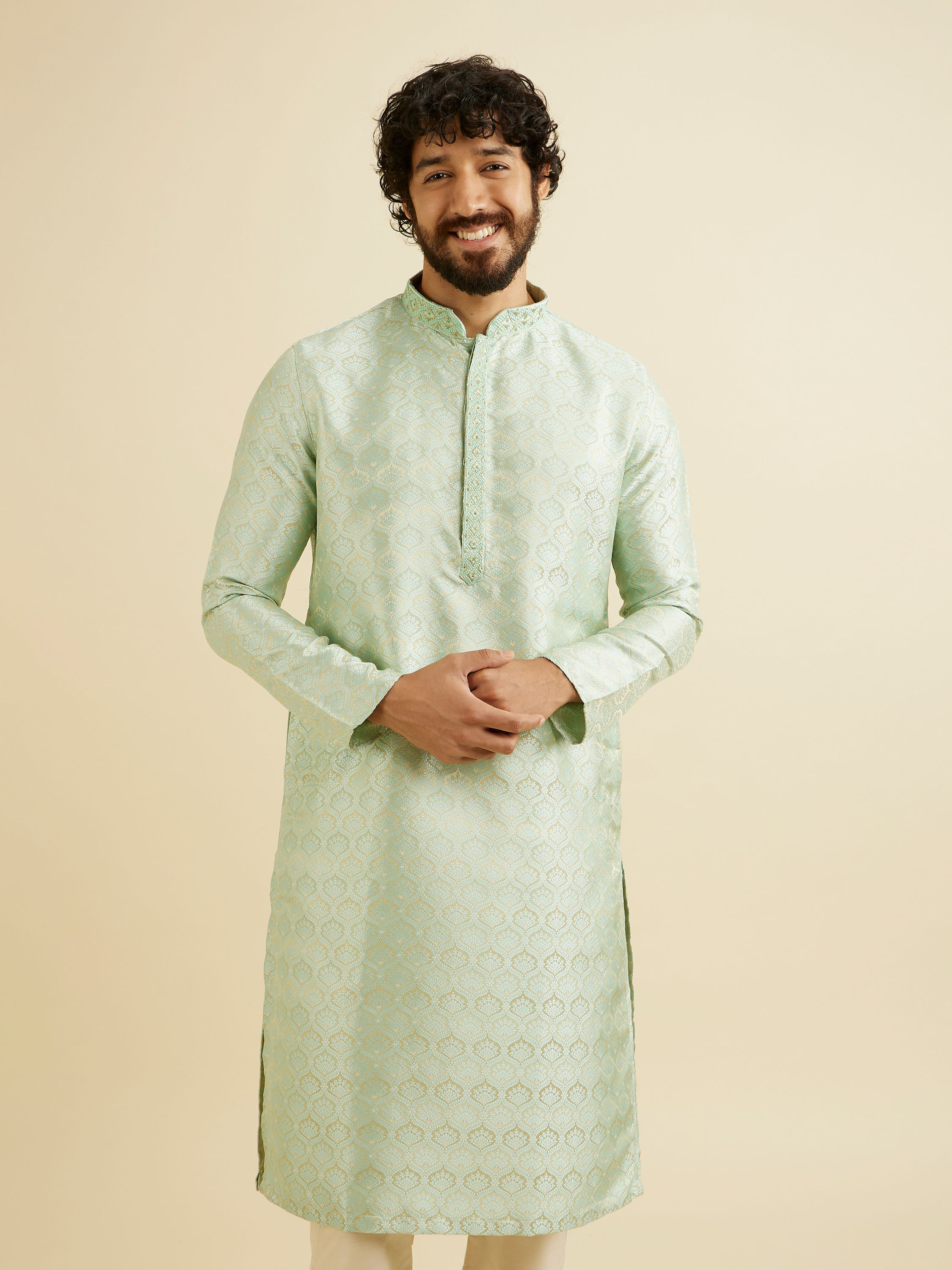 Manyavar Men Soft Green Jaal Patterned Kurta Set with Floral Buta Motifs