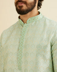 Manyavar Men Soft Green Jaal Patterned Kurta Set with Floral Buta Motifs