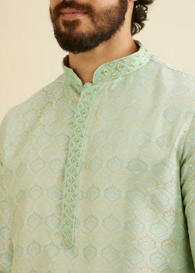 Manyavar Men Soft Green Jaal Patterned Kurta Set with Floral Buta Motifs