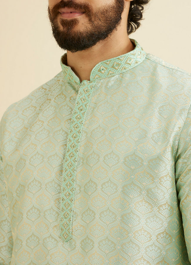 Manyavar Men Soft Green Jaal Patterned Kurta Set with Floral Buta Motifs image number 1