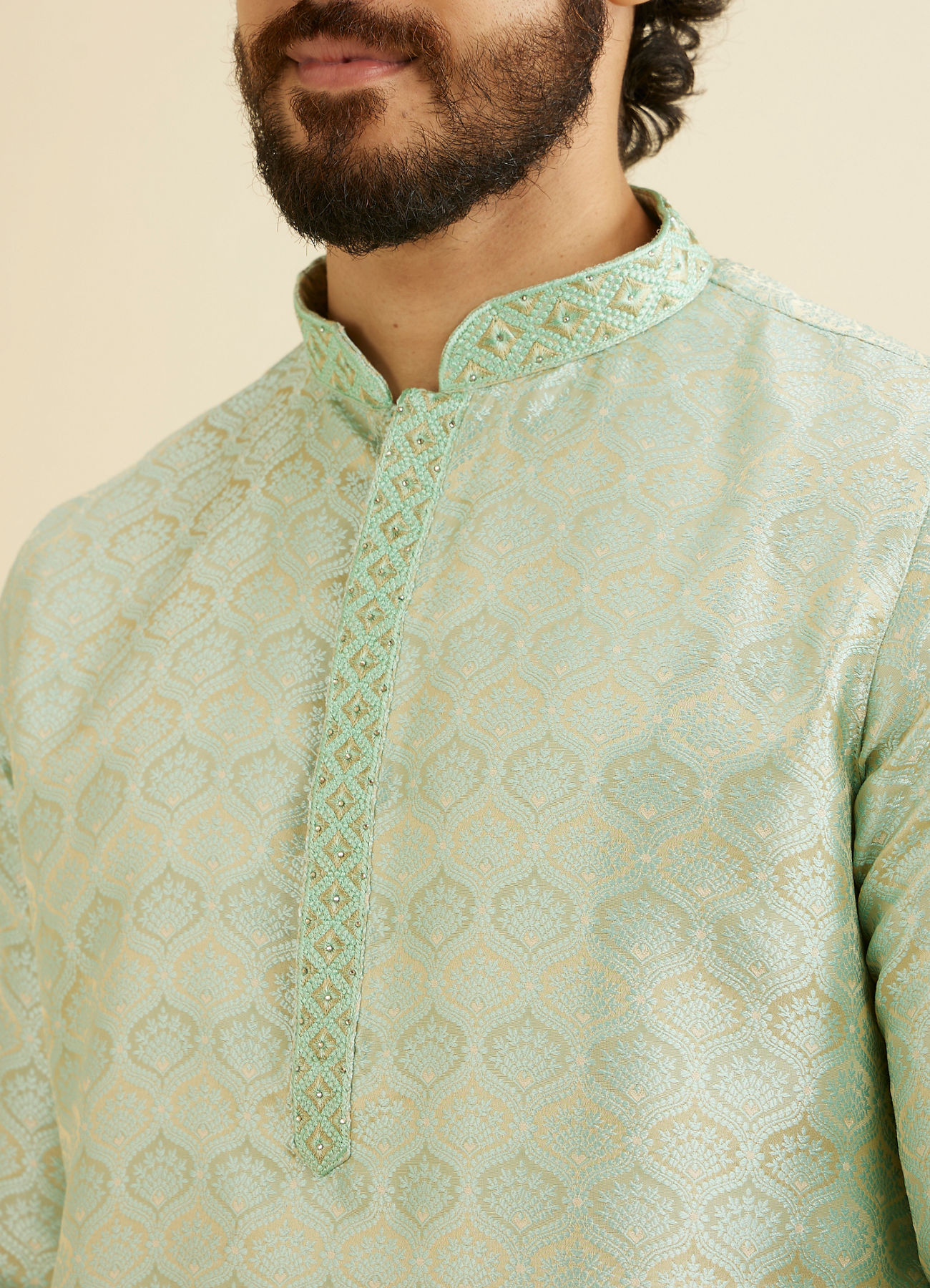 Manyavar Men Soft Green Jaal Patterned Kurta Set with Floral Buta Motifs