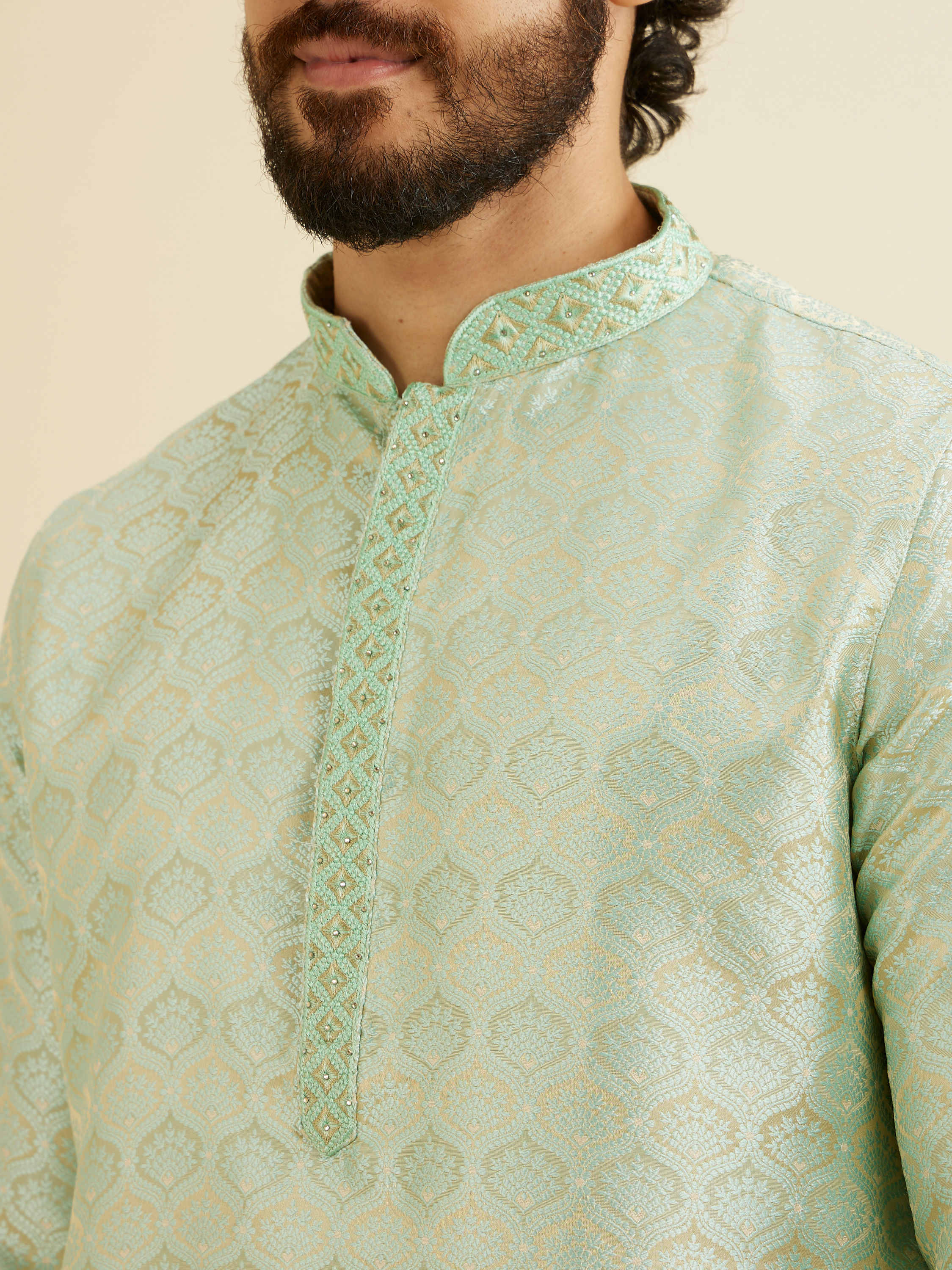 Manyavar Men Soft Green Jaal Patterned Kurta Set with Floral Buta Motifs