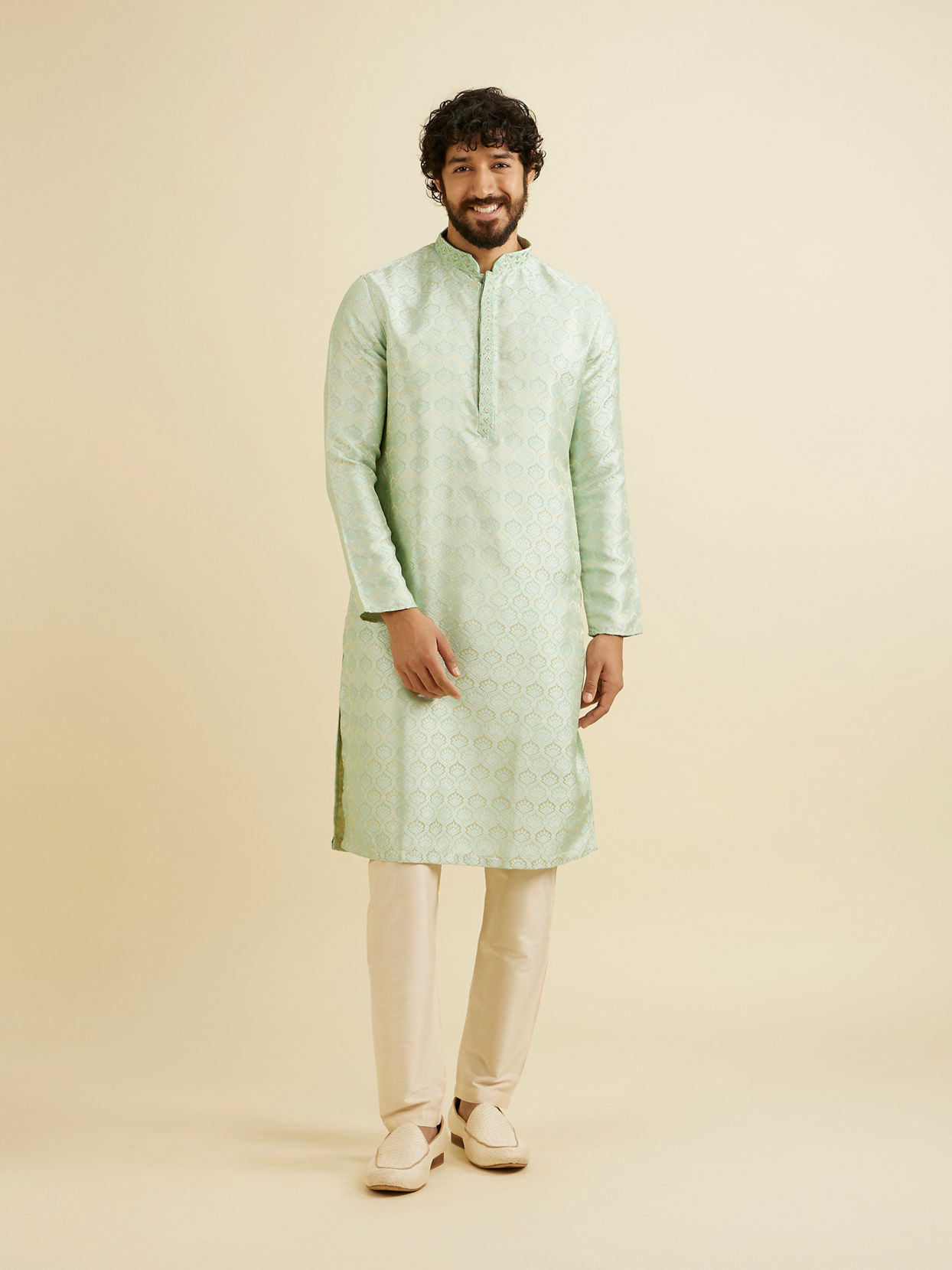 Manyavar Men Soft Green Jaal Patterned Kurta Set with Floral Buta Motifs