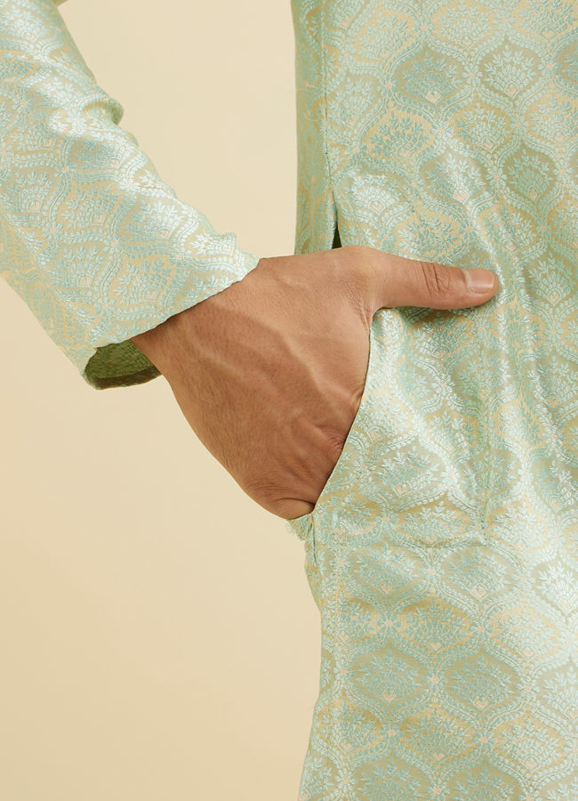 Manyavar Men Soft Green Jaal Patterned Kurta Set with Floral Buta Motifs