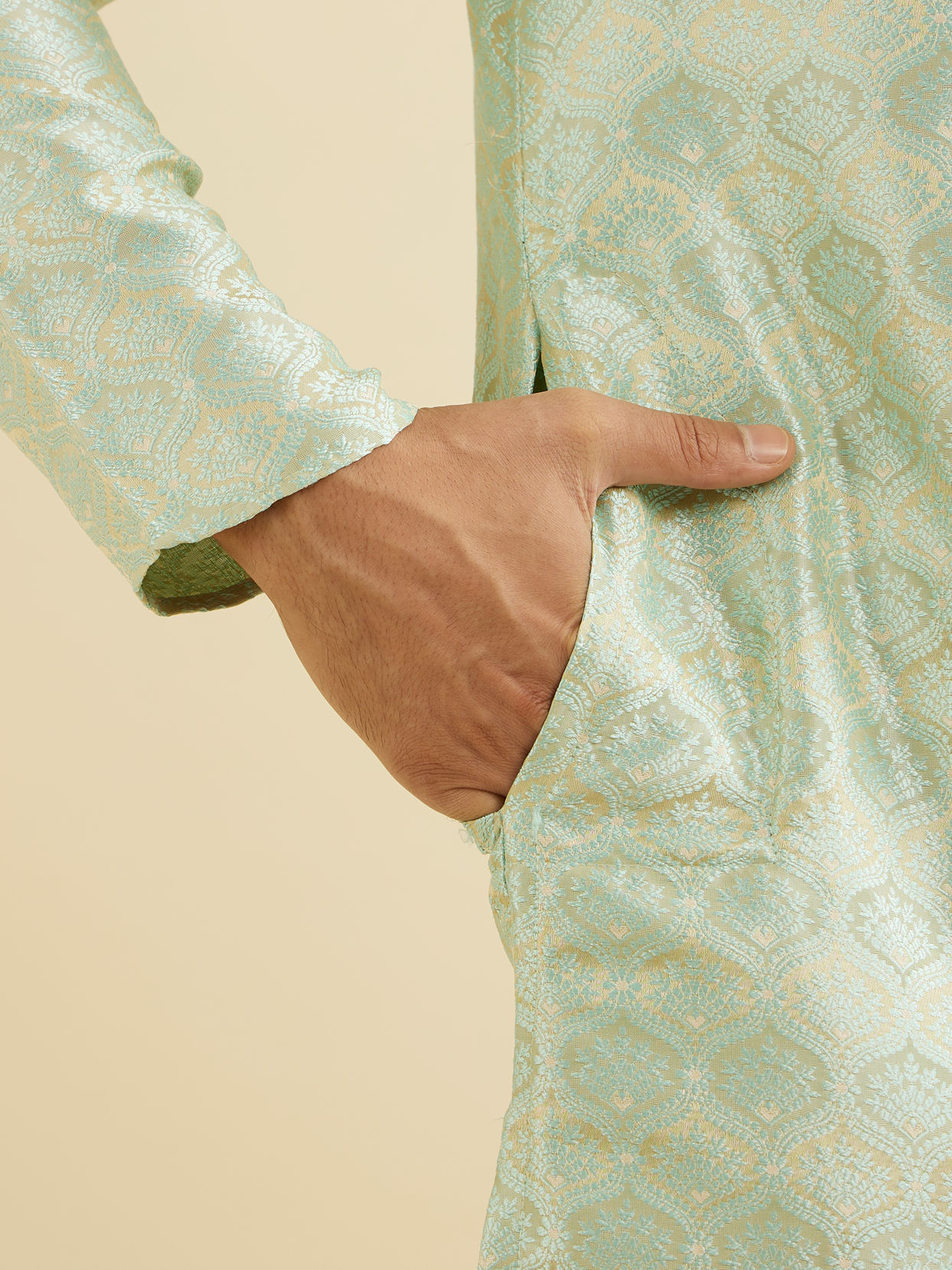 Manyavar Men Soft Green Jaal Patterned Kurta Set with Floral Buta Motifs