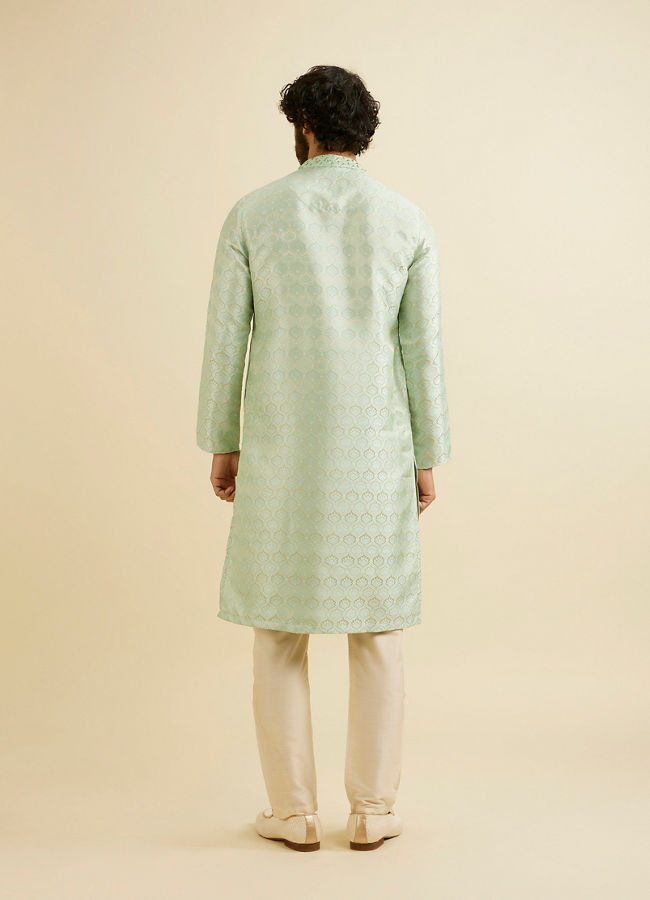 Manyavar Men Soft Green Jaal Patterned Kurta Set with Floral Buta Motifs