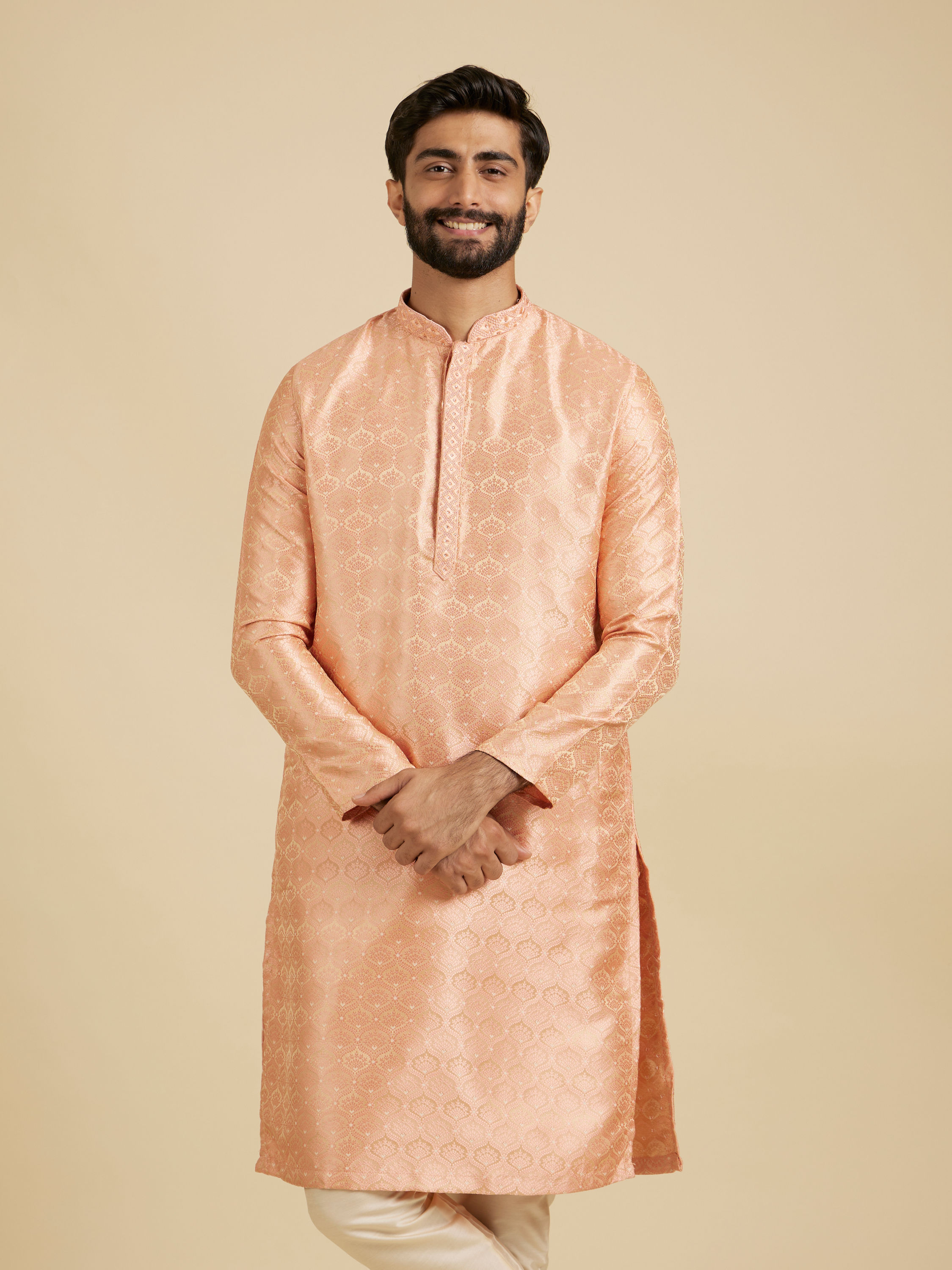 Manyavar Men Peach Fuzz Jaal Patterned Kurta Set with Floral Buta Motifs