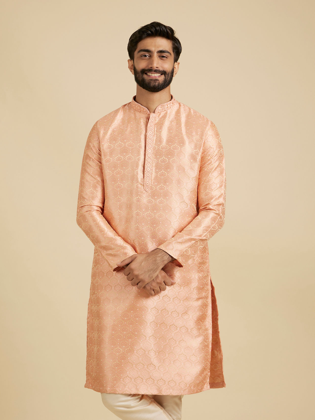 Manyavar Men Peach Fuzz Jaal Patterned Kurta Set with Floral Buta Motifs