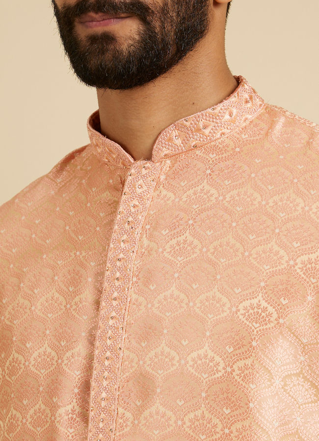 Manyavar Men Peach Brocade Elegance Kurta Pajama image number 1