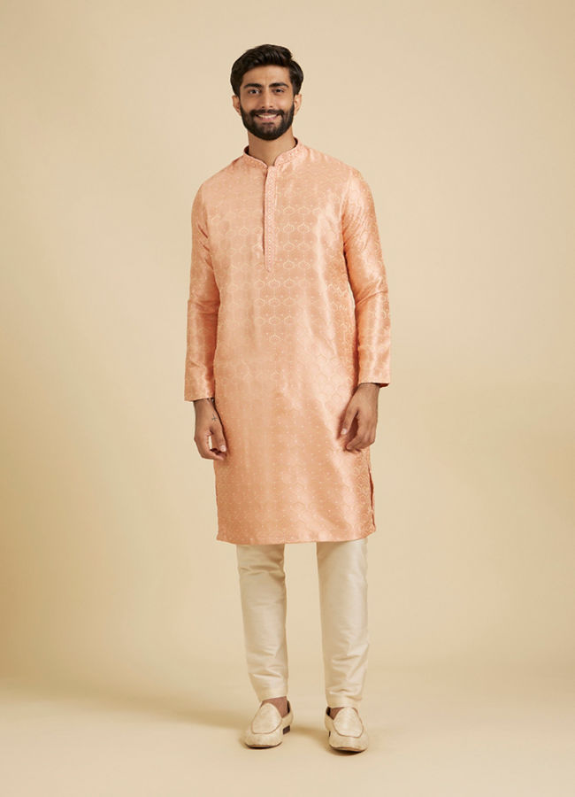 Manyavar Men Peach Fuzz Jaal Patterned Kurta Set with Floral Buta Motifs