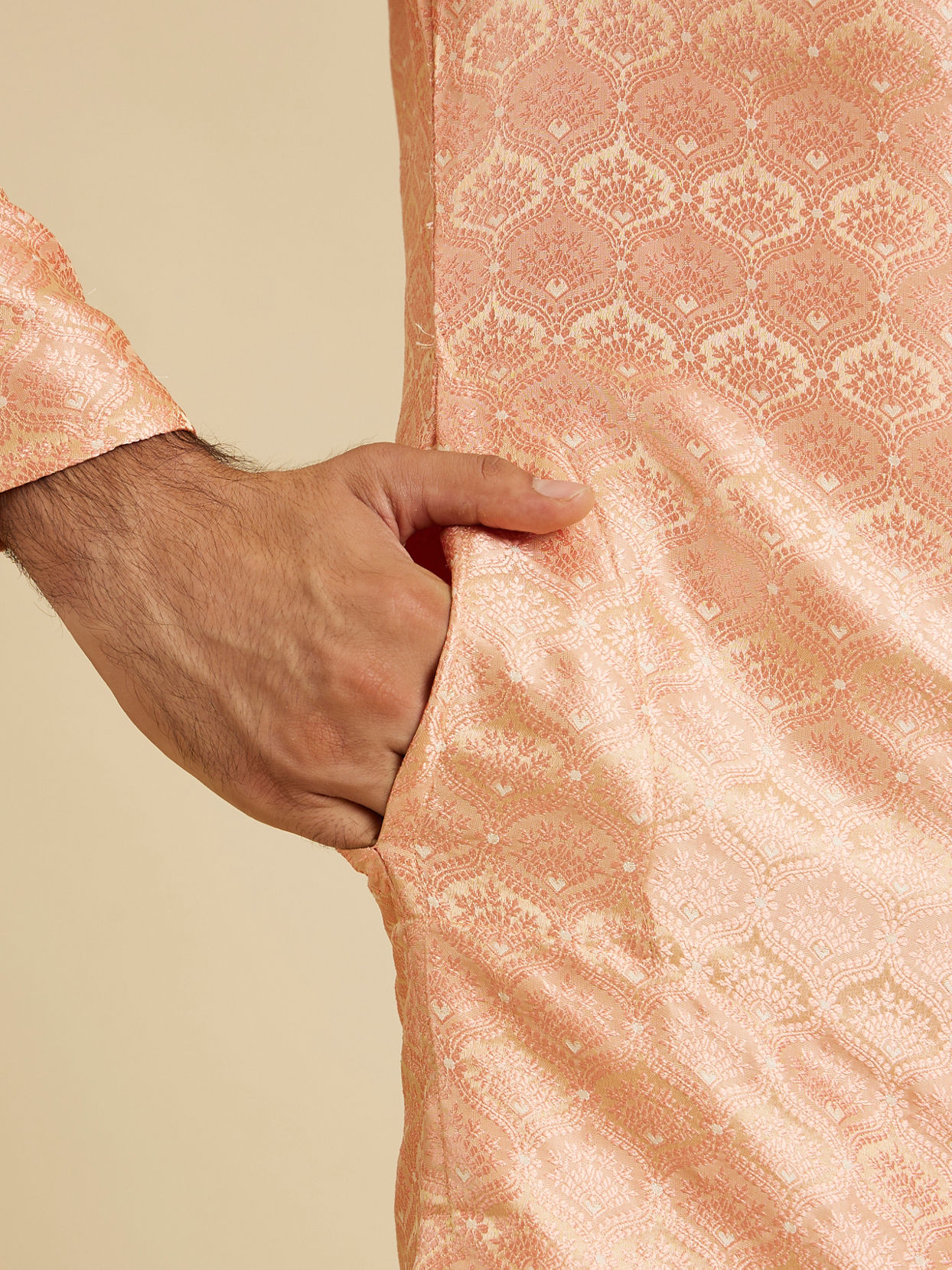 Manyavar Men Peach Fuzz Jaal Patterned Kurta Set with Floral Buta Motifs