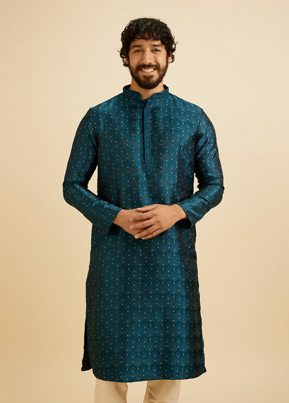 Manyavar Men Teal Blue Jaal Patterned Kurta Set with Floral Buta Motifs