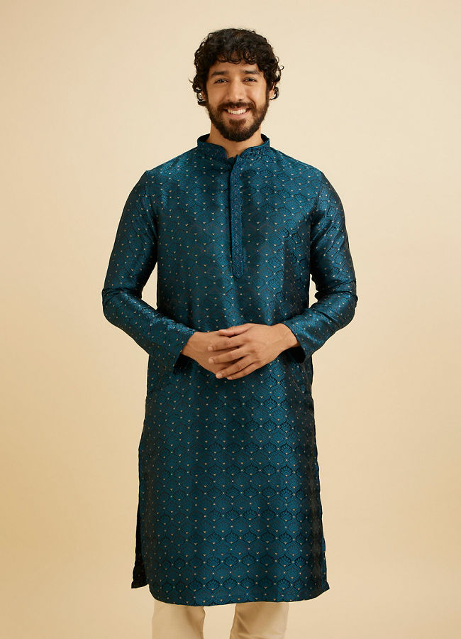 Manyavar Men Teal Blue Jaal Patterned Kurta Set with Floral Buta Motifs image number 0