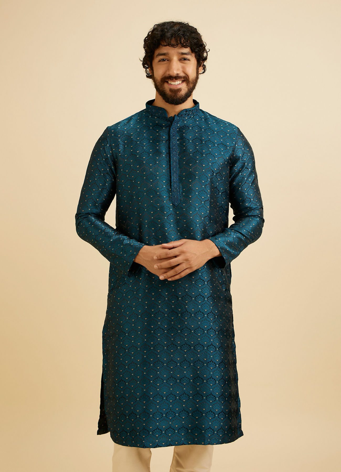 Manyavar Men Teal Blue Jaal Patterned Kurta Set with Floral Buta Motifs